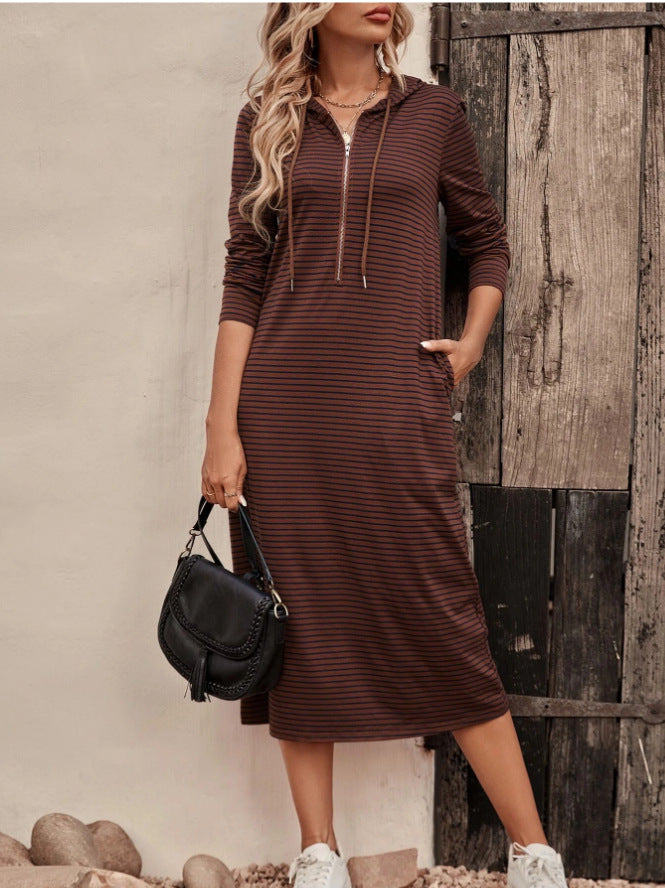 Striped hooded slim long sleeve dress
