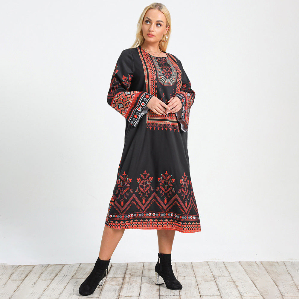 Boho Print Crew Neck Long Sleeve Shift Midi Dress