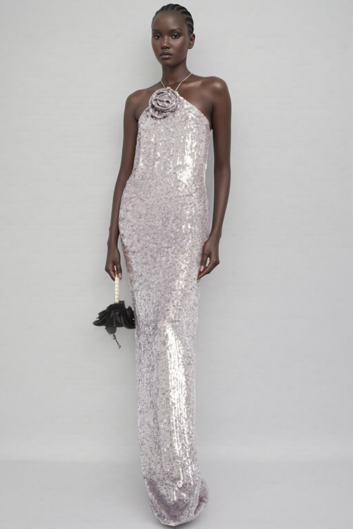 Sequin One Shoulder Rosette Bodycon Maxi Gown