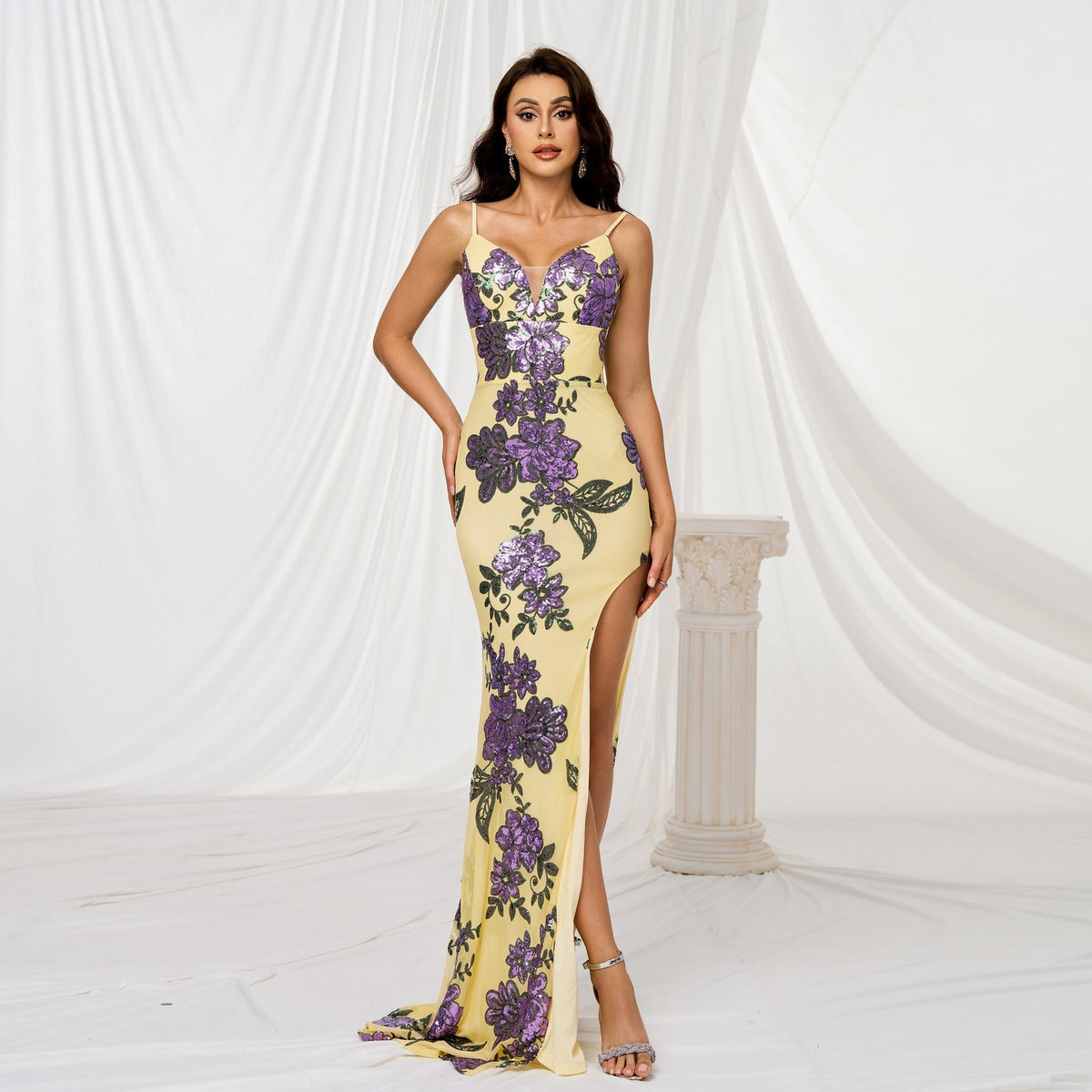 Sequin Floral Spaghetti Strap V-Neck High Split Mermaid Evening Gown