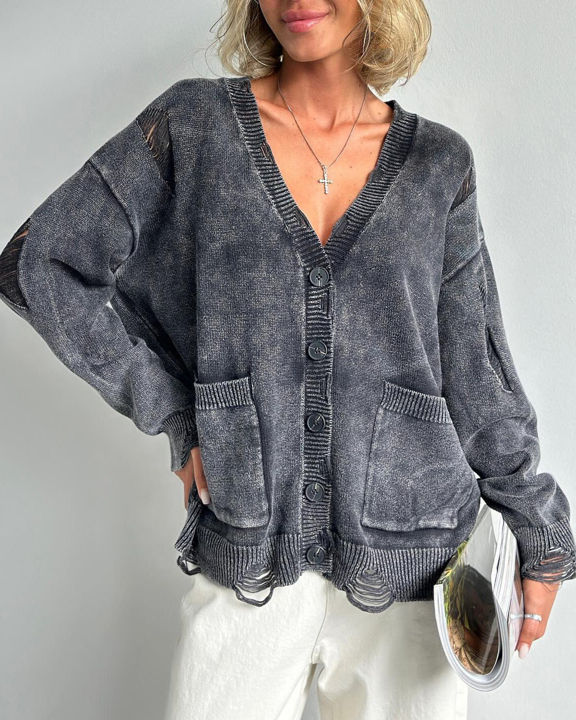 Cozy Distressed V-Neck Wool Cardigan for Effortless Style