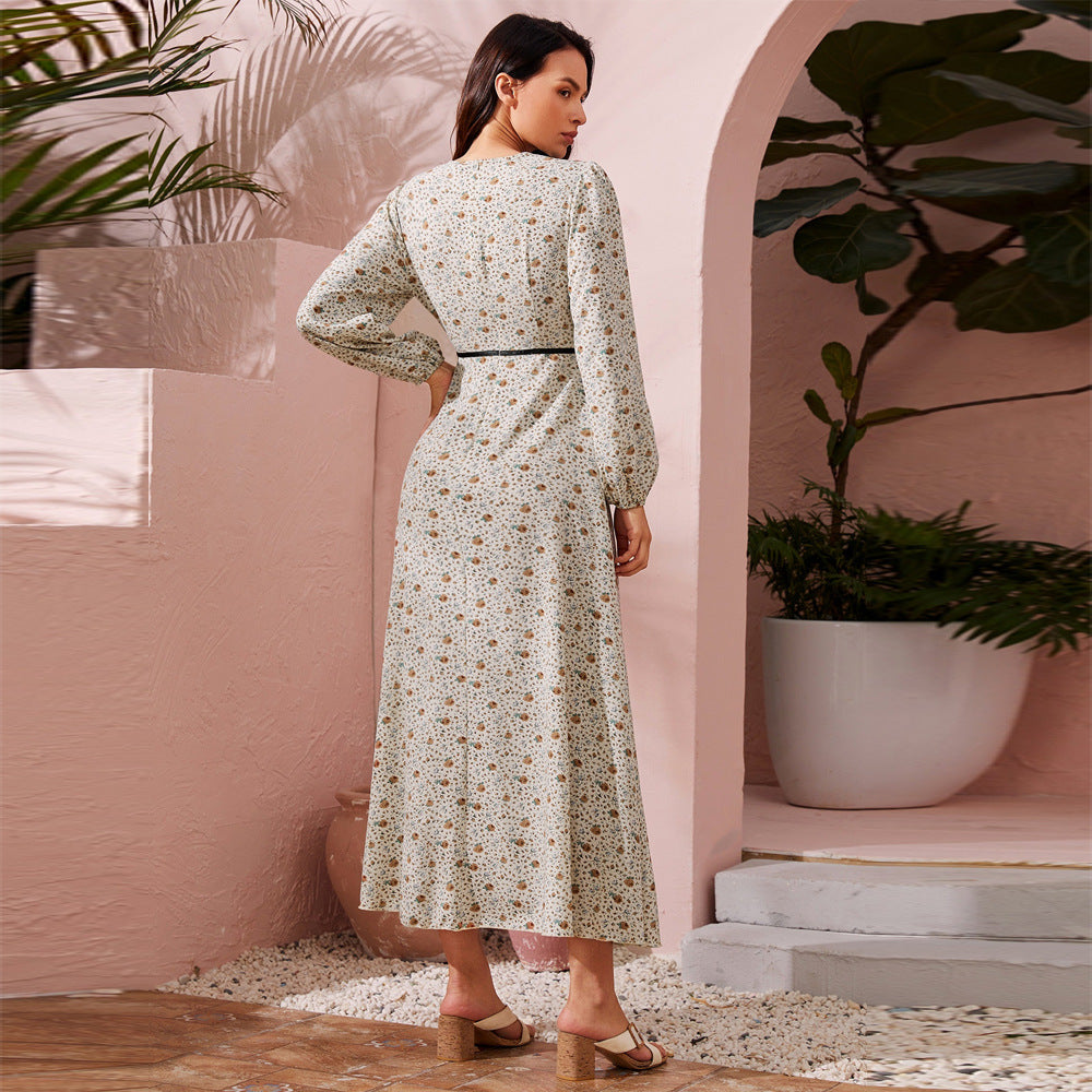 Floral Deep V-Neck Lace Trim Bishop Sleeve A-Line Maxi Dress - View 3