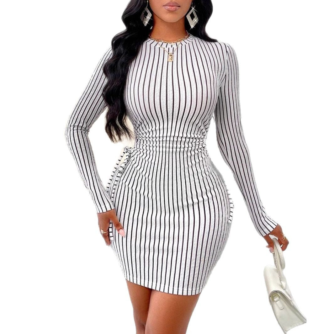 Pinstripe Long Sleeve Cut Out Ruched Side Tie Bodycon Mini Dress - View 5