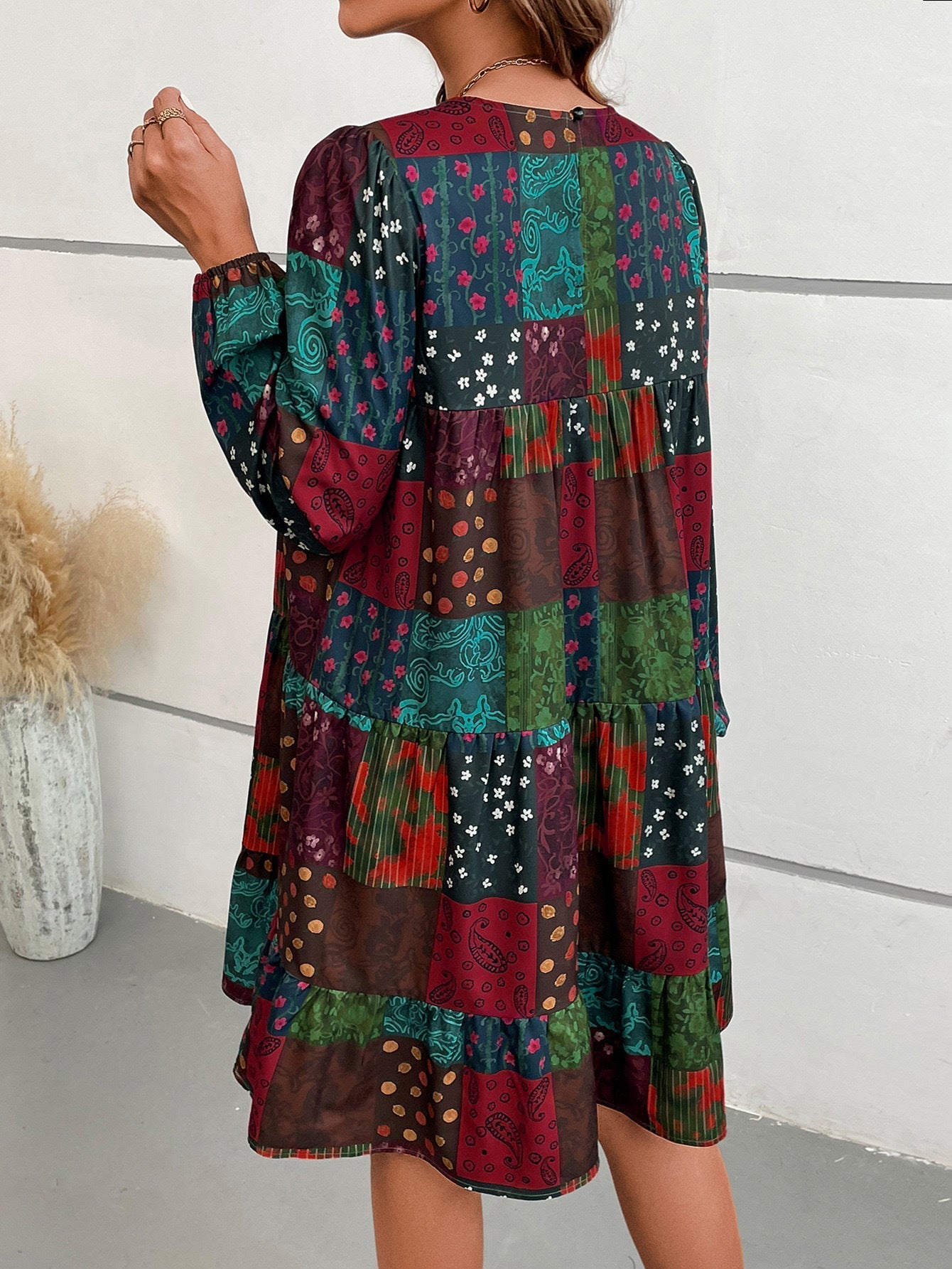 Long-sleeve A-line block print dress