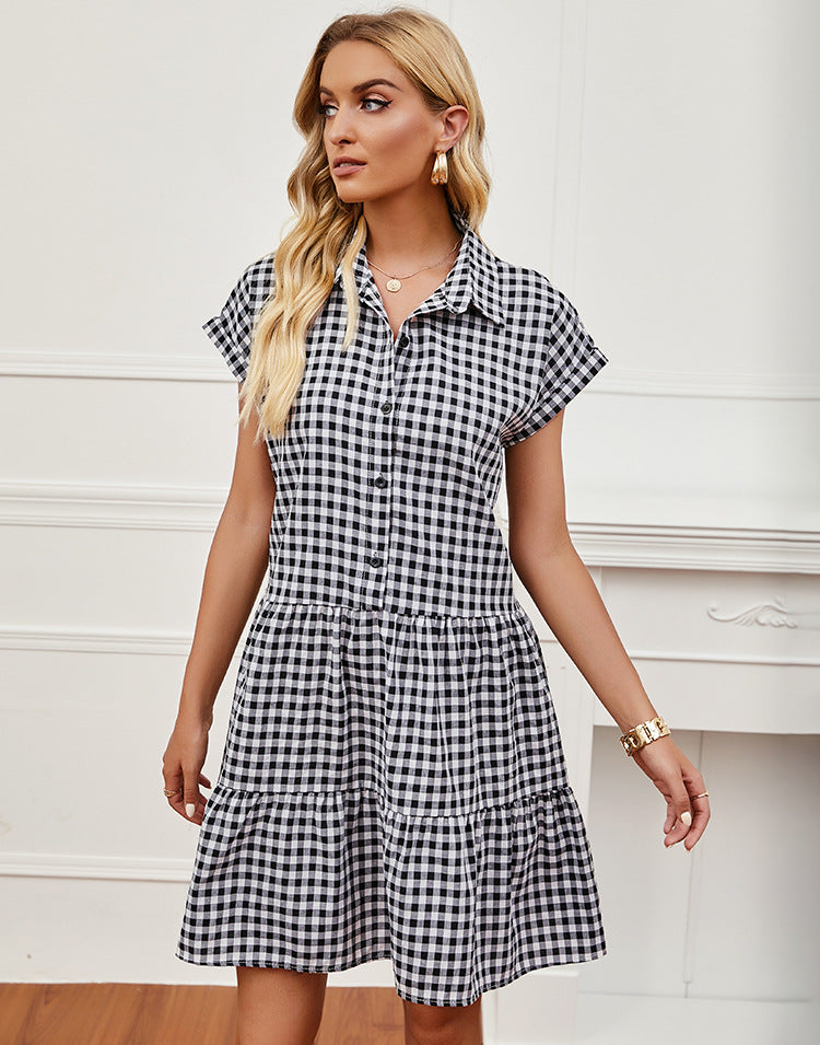 Gingham Collared Short Sleeve Tiered Mini Dress