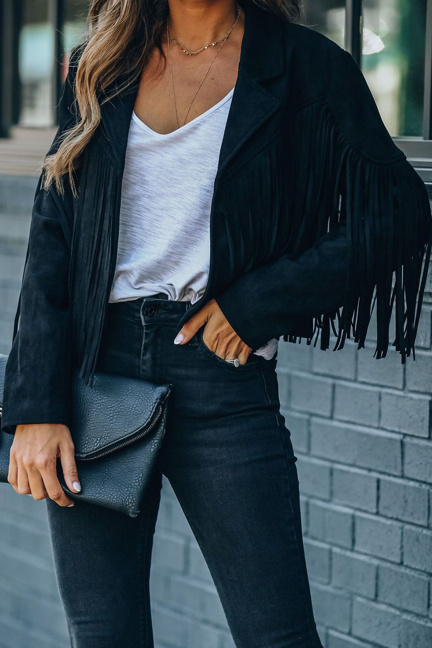 Fringe Cropped Vintage Long Sleeve Jacket for Stylish Layers