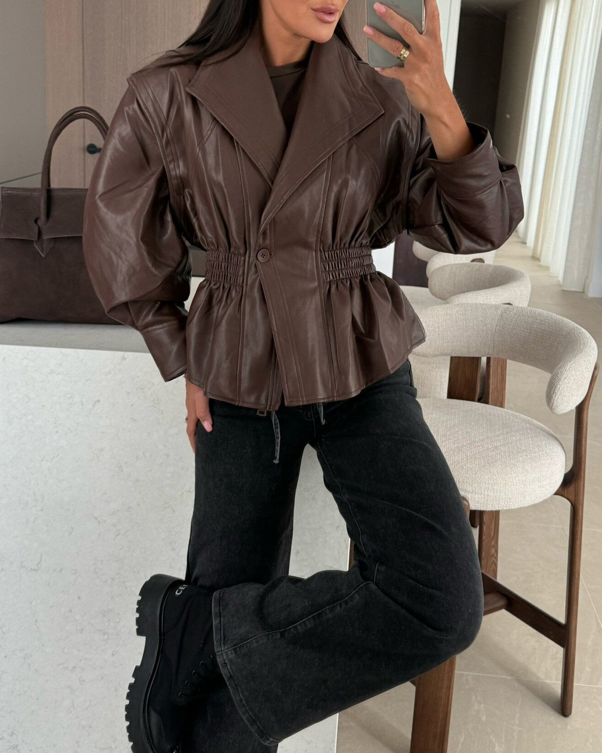 ShoptheCIC Classic Cropped PU Jacket with Stylish Lapel Design