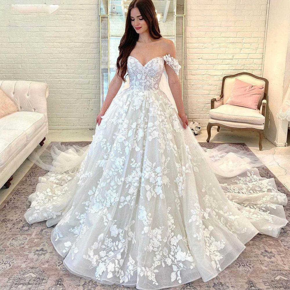 Off-Shoulder Satin Long Train Wedding Dress