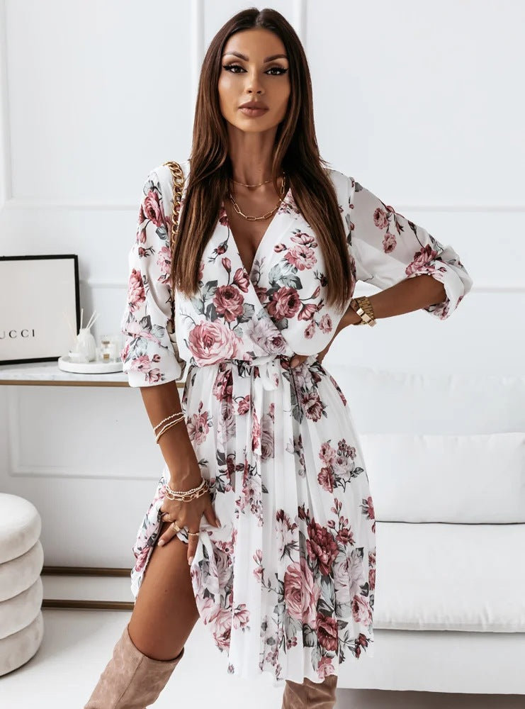 Floral Print V-Neck Long Sleeve Pleated Wrap Midi Dress