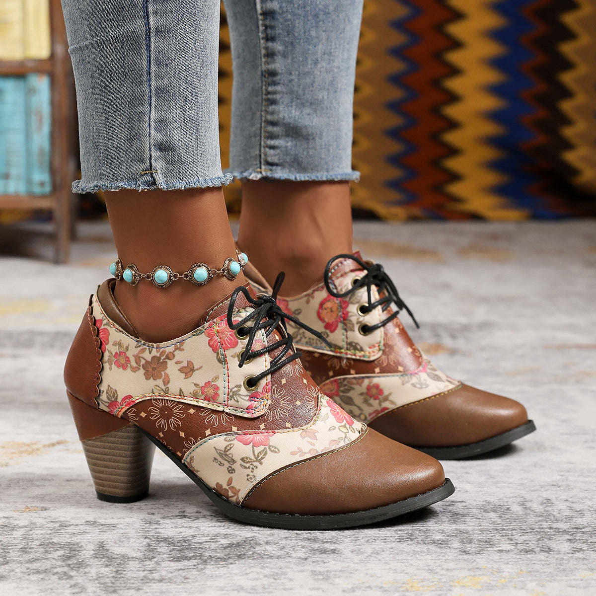 Retro ethnic thick high heels ankle Martin boots