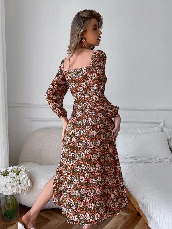 Floral Print Sweetheart Puff Sleeve Maxi Dress