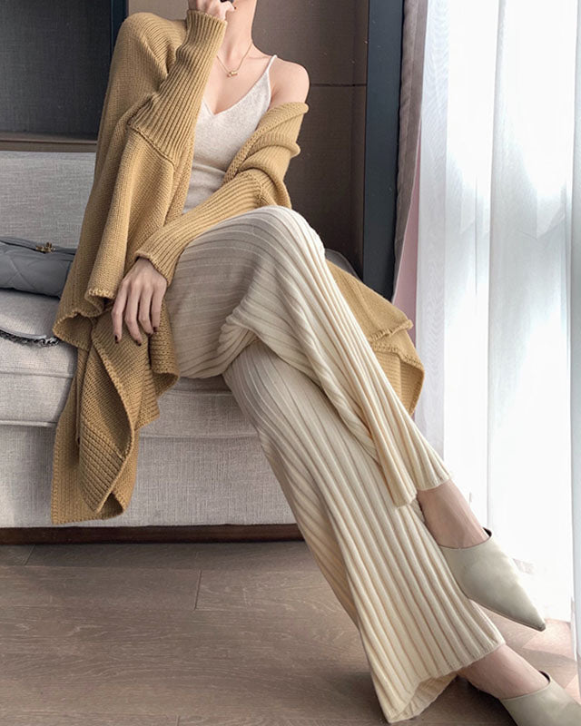 High-waisted draped pitted straight-leg loose knit trousers - Fashionpara
