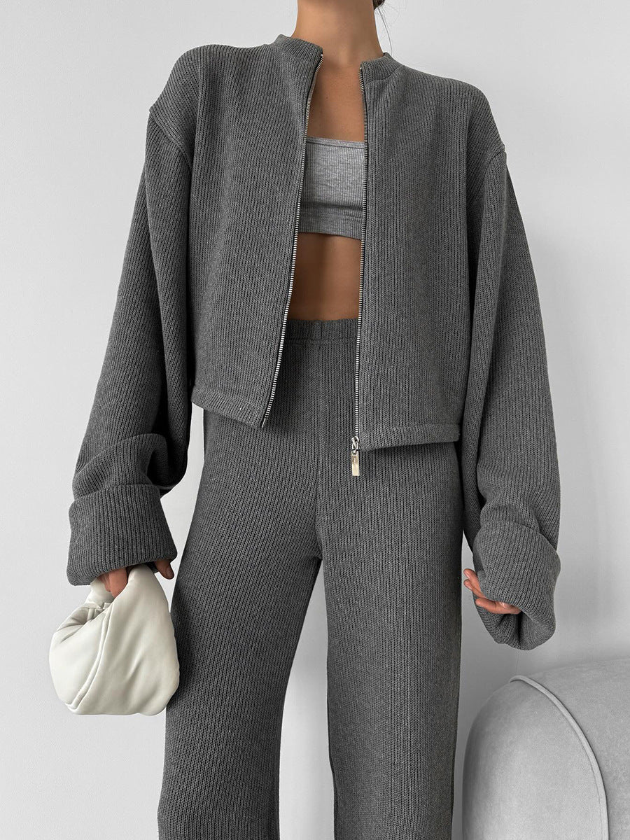 Knitted Long-Sleeve Jacket and Wide-Leg Pants Set for Elegance