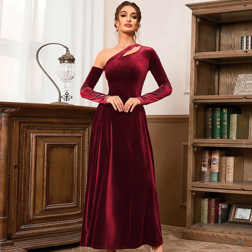 One Shoulder Long Sleeve High Slit Slim Waist Mid Length Evening Dress - Fashionpara