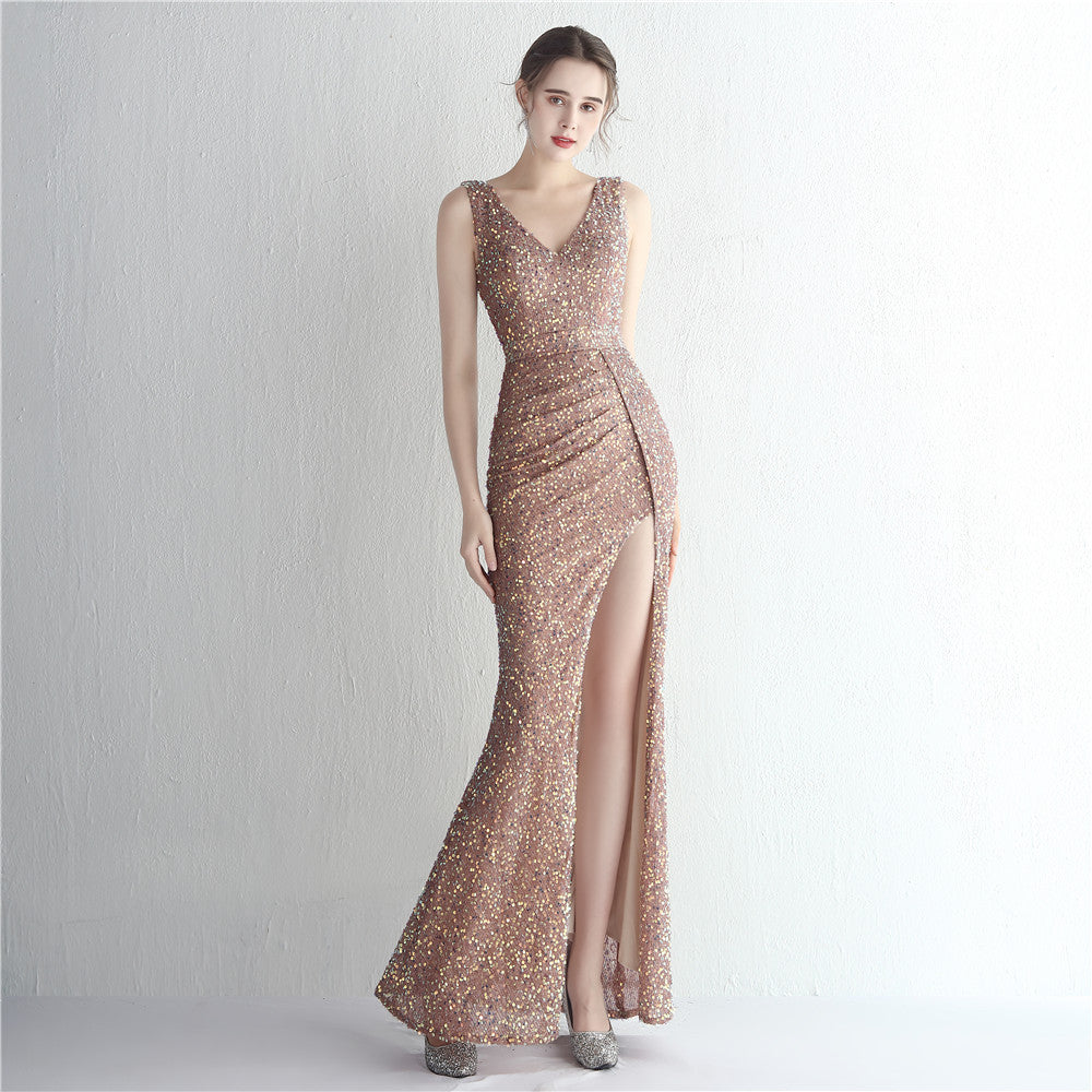 Sequin Deep V-Neck Ruched High Split Mermaid Gown - View 3