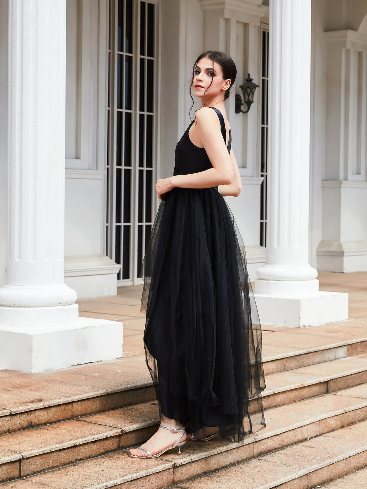 Sequin Waistband Layered Tulle High Low Maxi Gown - View 2