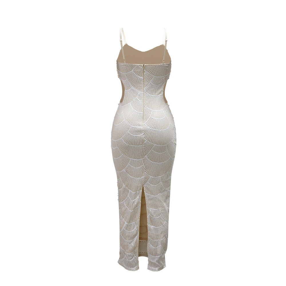Sequin Beaded Strapless Slit Dress - View 9