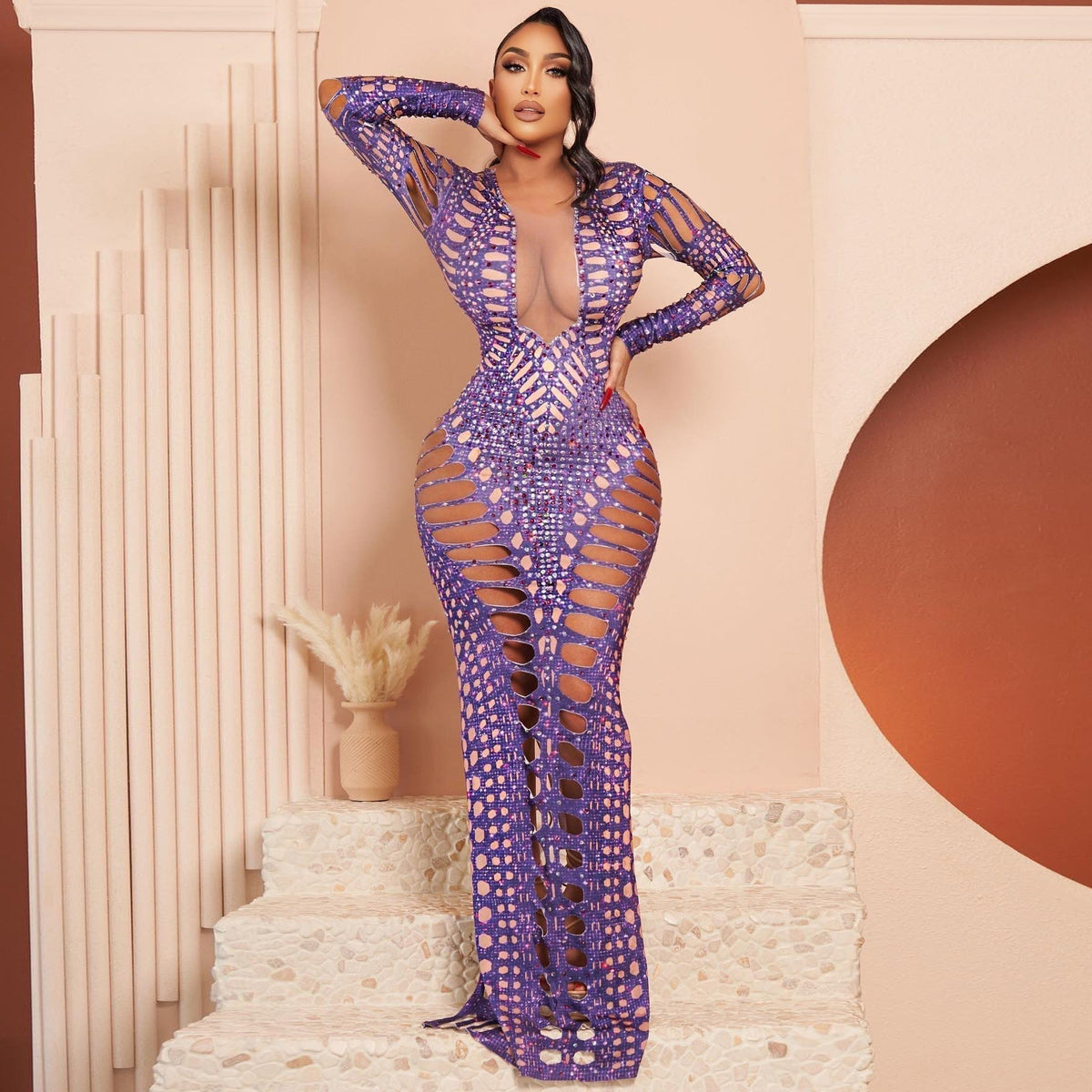 Sequin Deep V-Neck Mesh Panel Lattice Cut Out Long Sleeve Maxi Gown