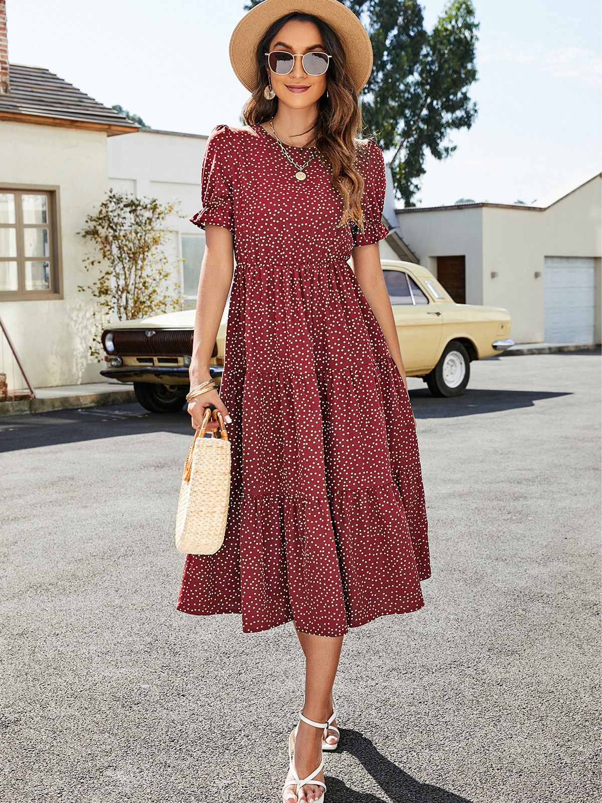 Polka Dot Round Neck Short Sleeve Tiered Midi Dress