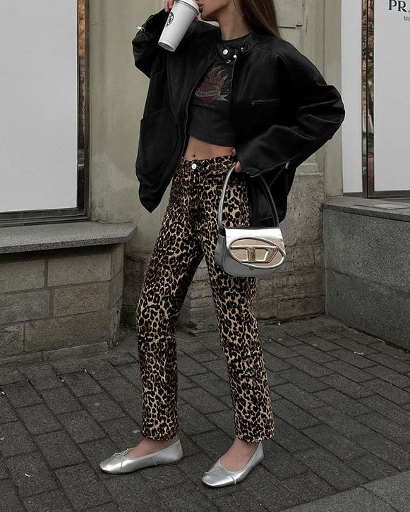 Retro leopard print slim fit pants