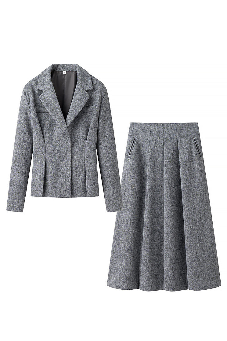 Sophisticated Slim-Fit Woolen Suit Jacket and Skirt Set