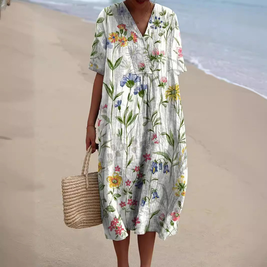 Floral Print V-Neck Short Sleeve Cotton Midi Dress - View 2