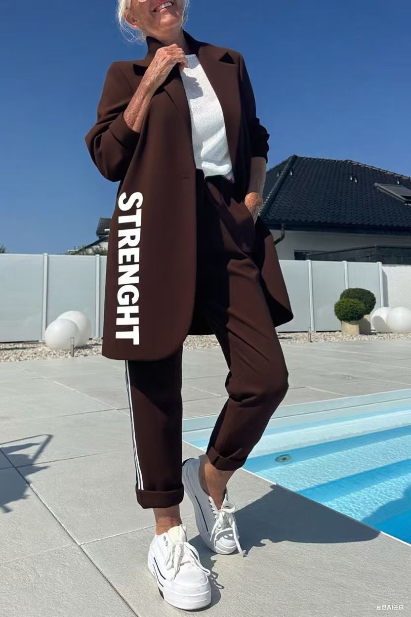 Mid-Length Letter-Printed Trench Coat and Trouser Set