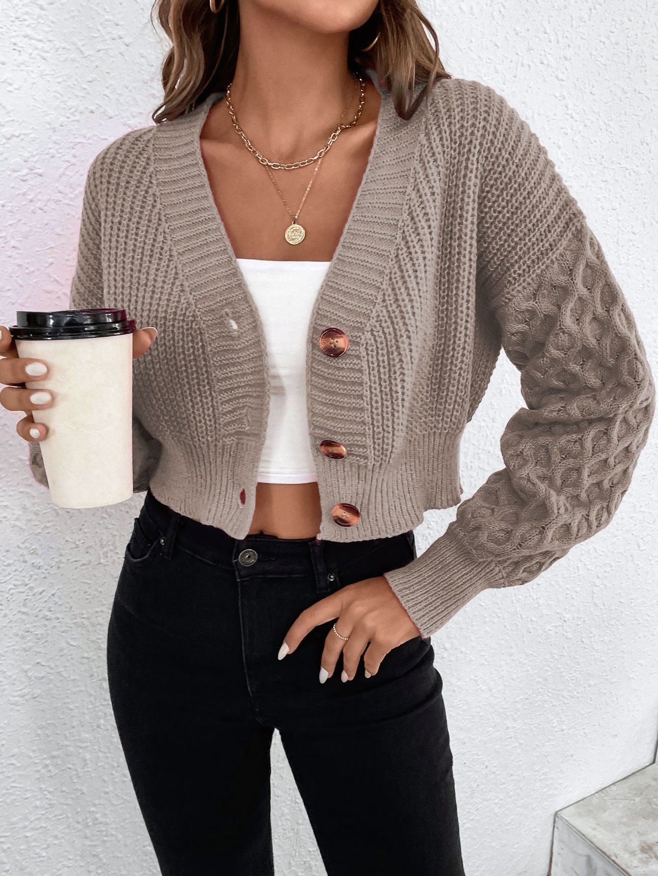 V-neck Cropped Cardigan with Drop Shoulder Sleeves