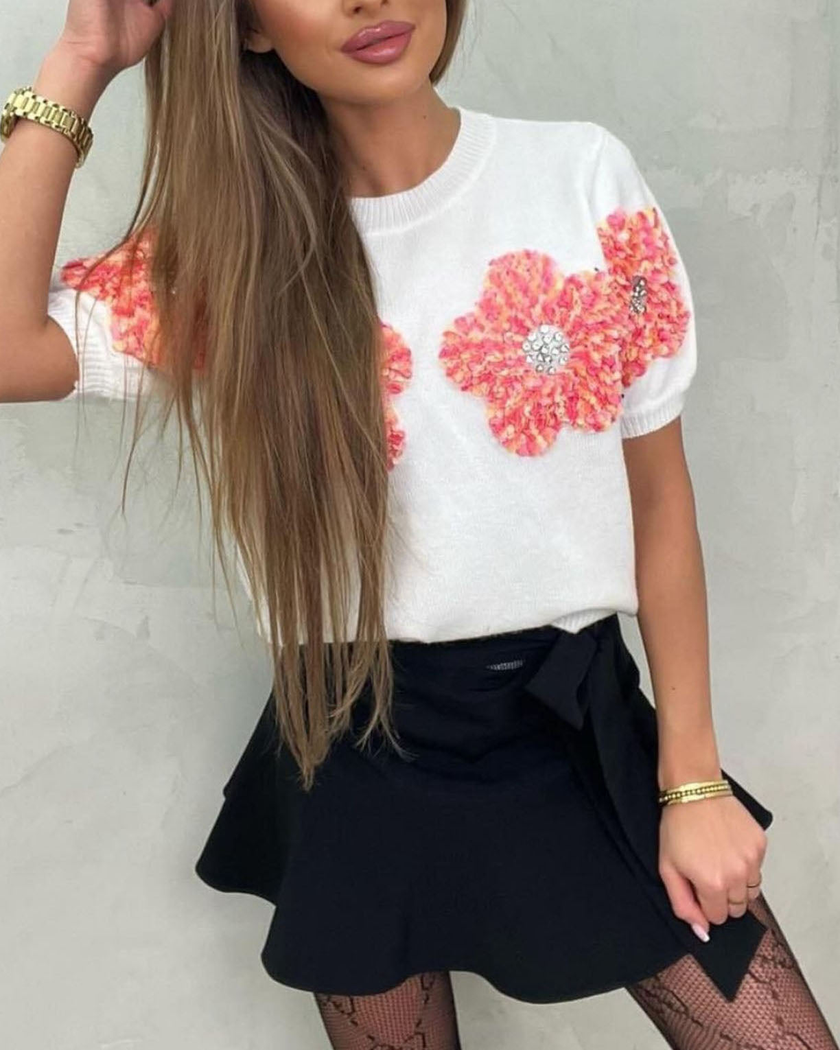 3D Patch Rhinestone Floral Short Sleeve Knit Top - Fashionpara