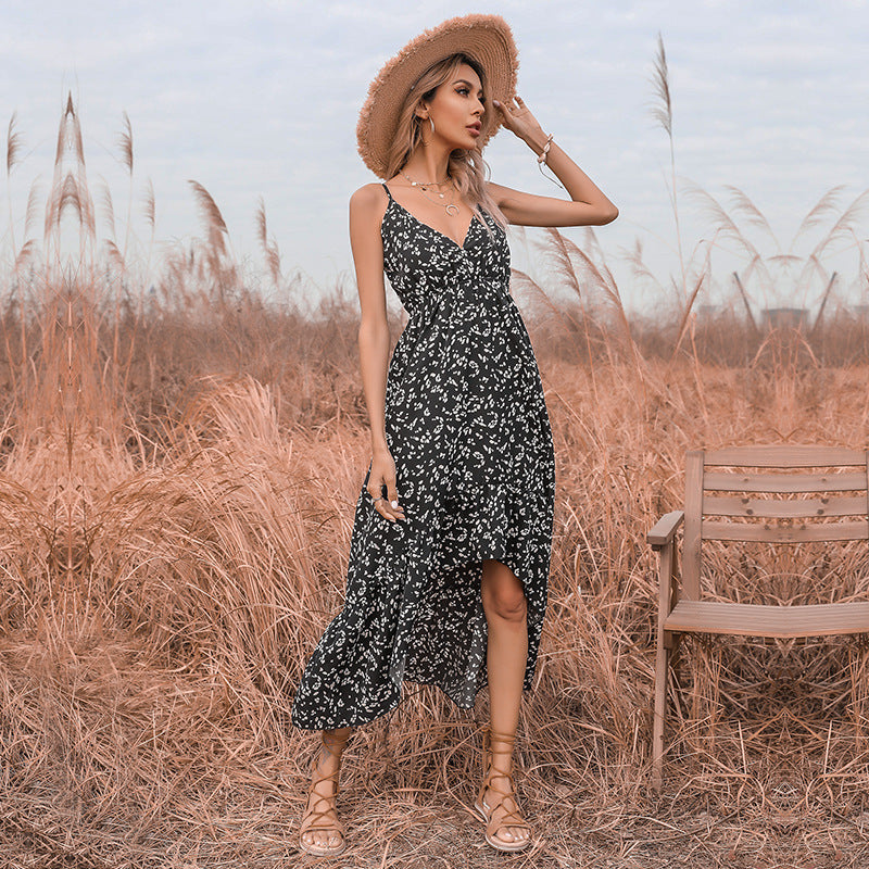 Floral Spaghetti Strap V-Neck Tiered High Split Midi Dress - View 5