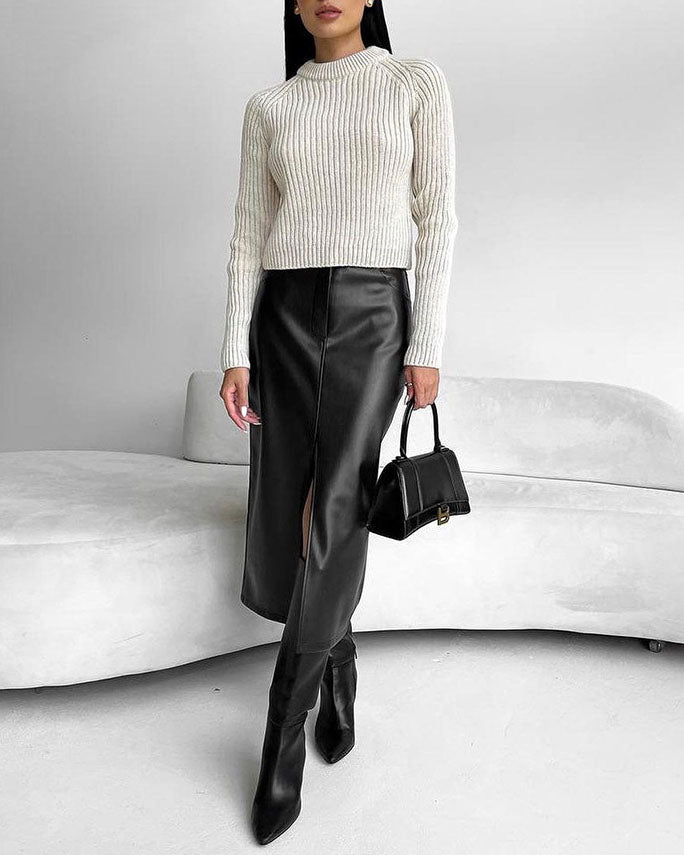 Vintage Front Slit and Lining Faux Leather Skirt