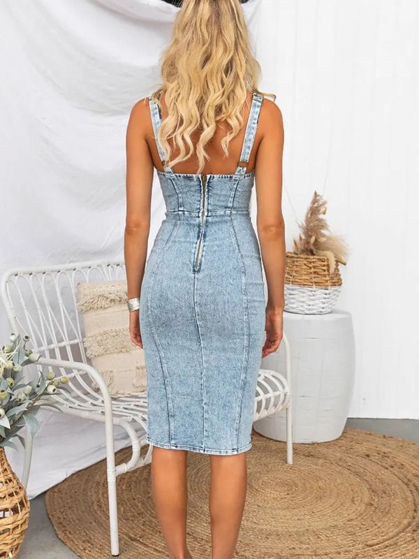 Denim Corset Panel Scoop Neck High Split Bodycon Midi Dress - View 3