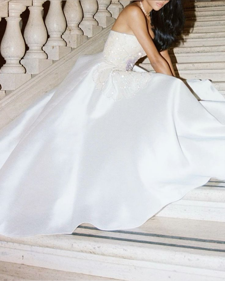 Charming Strapless White Satin Sequin Beaded Formal Bridal Dress Long Wedding Dress D1073