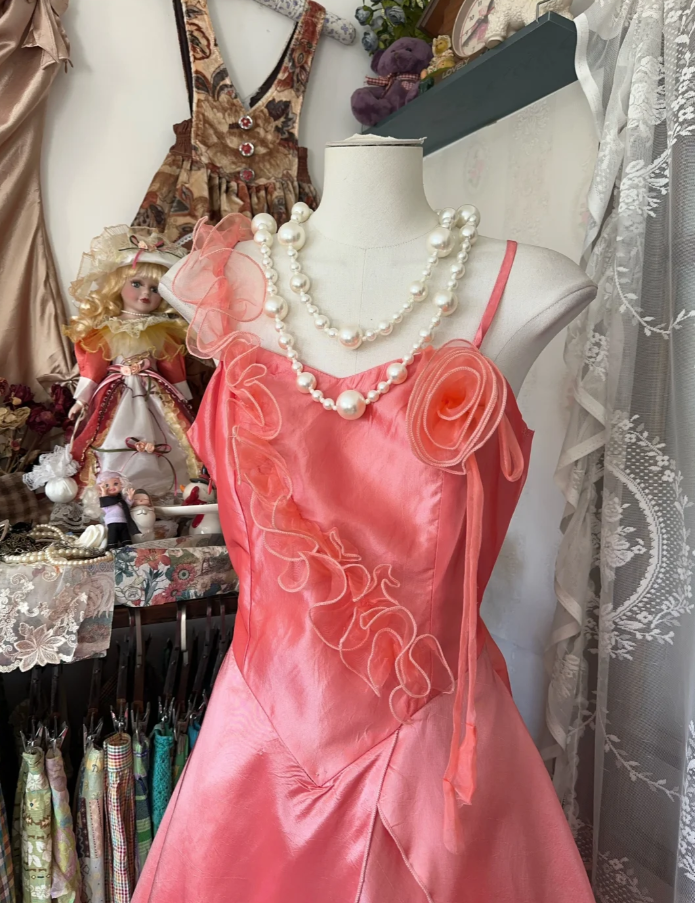 Pretty Spaghetti Straps Peach Pink Satin Long Party Dress Evening Gown D1755