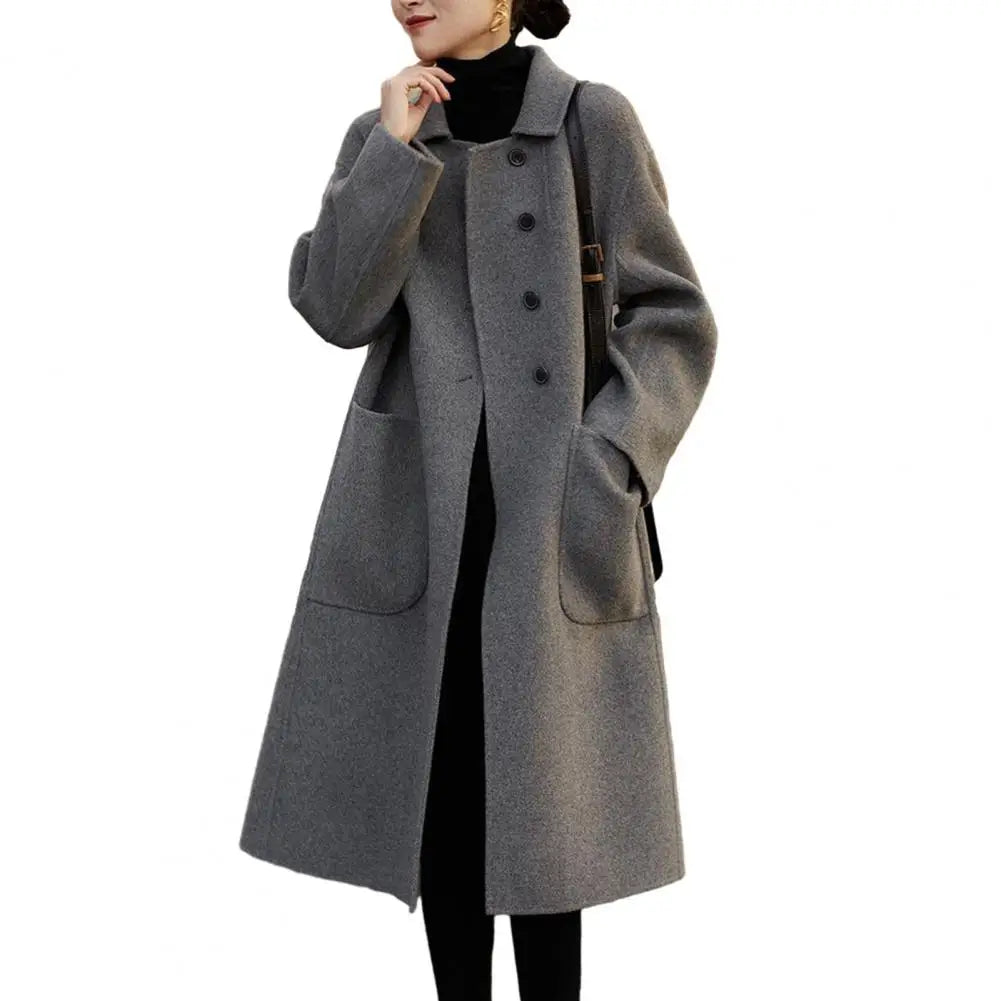 Elegant Black O-neck Puff Sleeve Overcoat