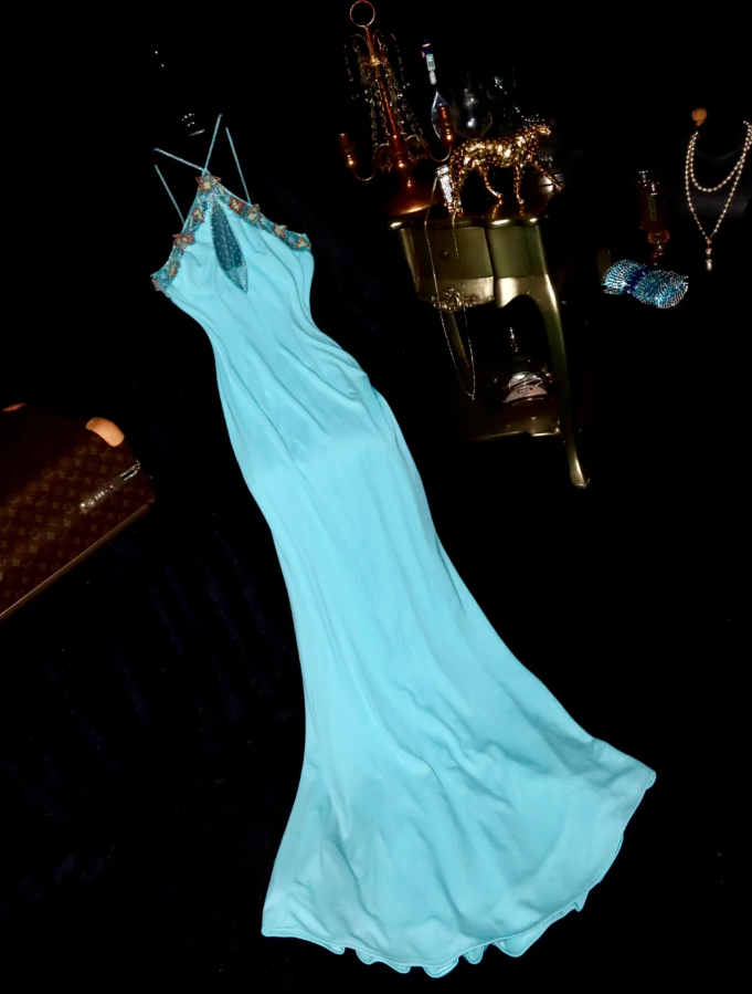 Classy Blue Satin Appliques Mermaid Party Dress Long Evening Dress D1426