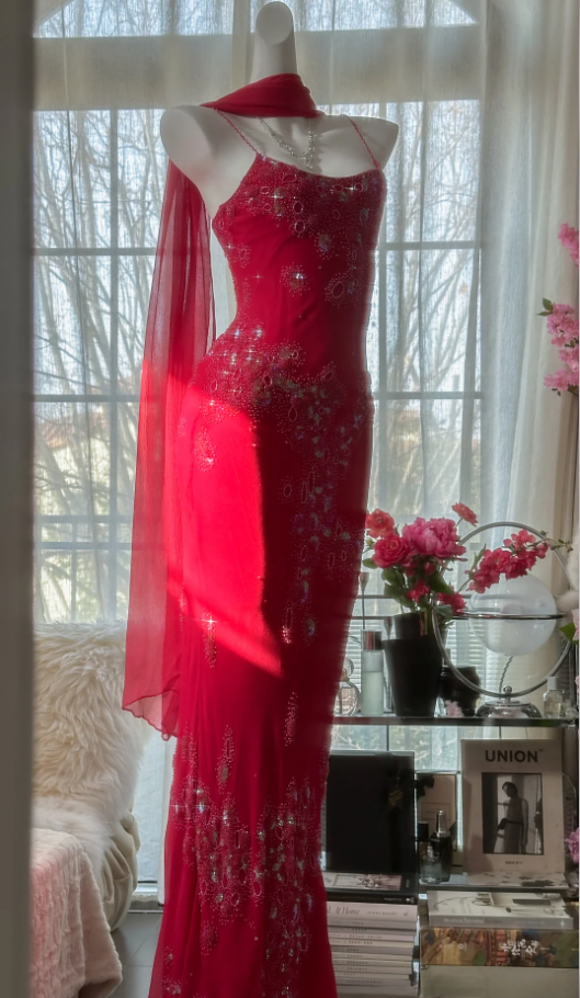 Pretty Red Spaghetti Straps Chiffon Beaded Mermaid Evening Dress Long Birthday Party Dress Prom Gown D1789