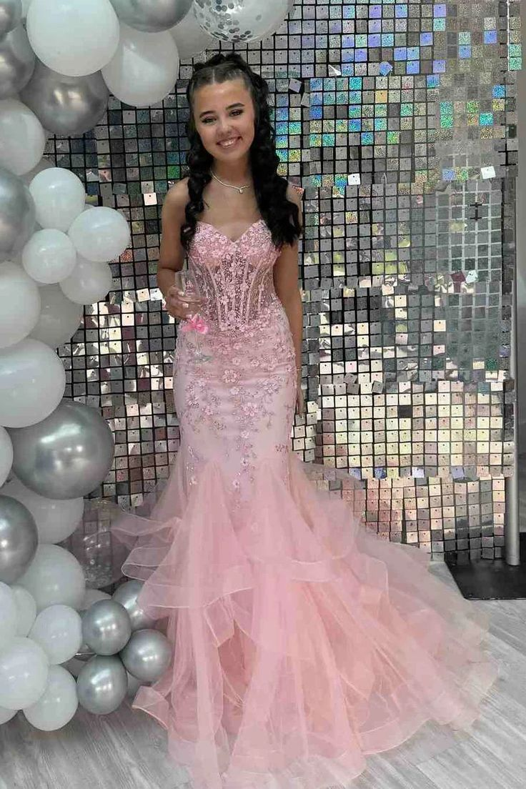 Pretty Strapless Pink Tulle Appliques Beaded Mermaid Party Dress Long Evening Gown D1576