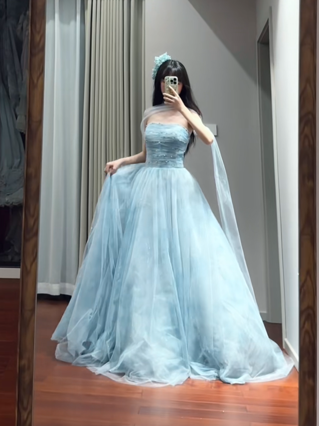 Classy Blue Strapless Tulle Beaded Long Party Dress Birthday Prom Dresses D1696