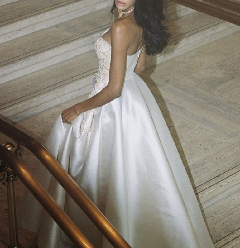 Charming Strapless White Satin Sequin Beaded Formal Bridal Dress Long Wedding Dress D1073