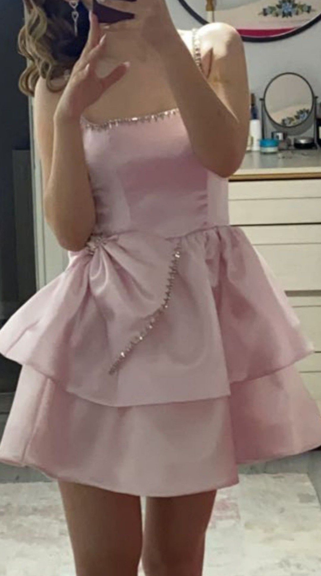 Sweet Pink Satin Beaded Layered A Line Formal Homecoming Dress Birthday Outfits D387