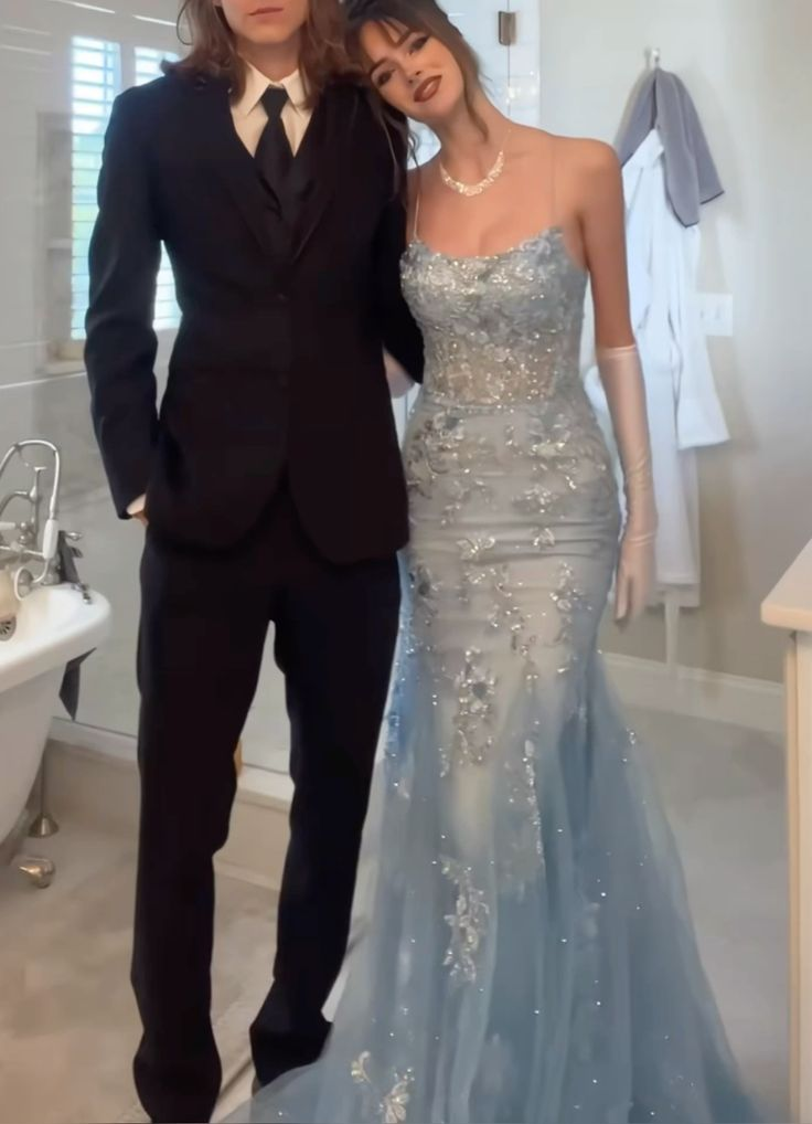 Pretty Spaghetti Straps Blue Tulle Sequin Appliques Mermaid Evening Dress Birthday Party Gown D1180