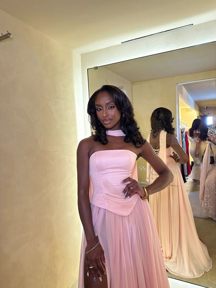 Classy Satin Chiffon Pink Strapless Slit Mermaid Prom Dress Formal Wedding Guest Dress With Ribbon D1083