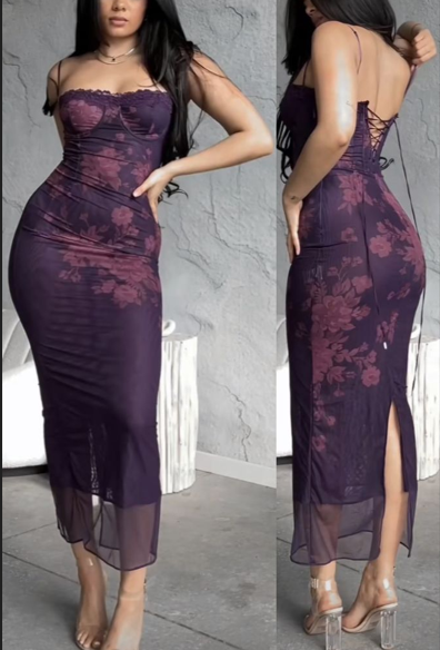 Vintage Spaghetti Straps Purple Chiffon Printed Floral Mermaid Evening Dress Birthday Outfits D1142