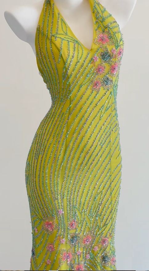 Unique Green Halter V Neck Chiffon Beaded Mermaid Evening Dress Backless Long Party Dress D1323