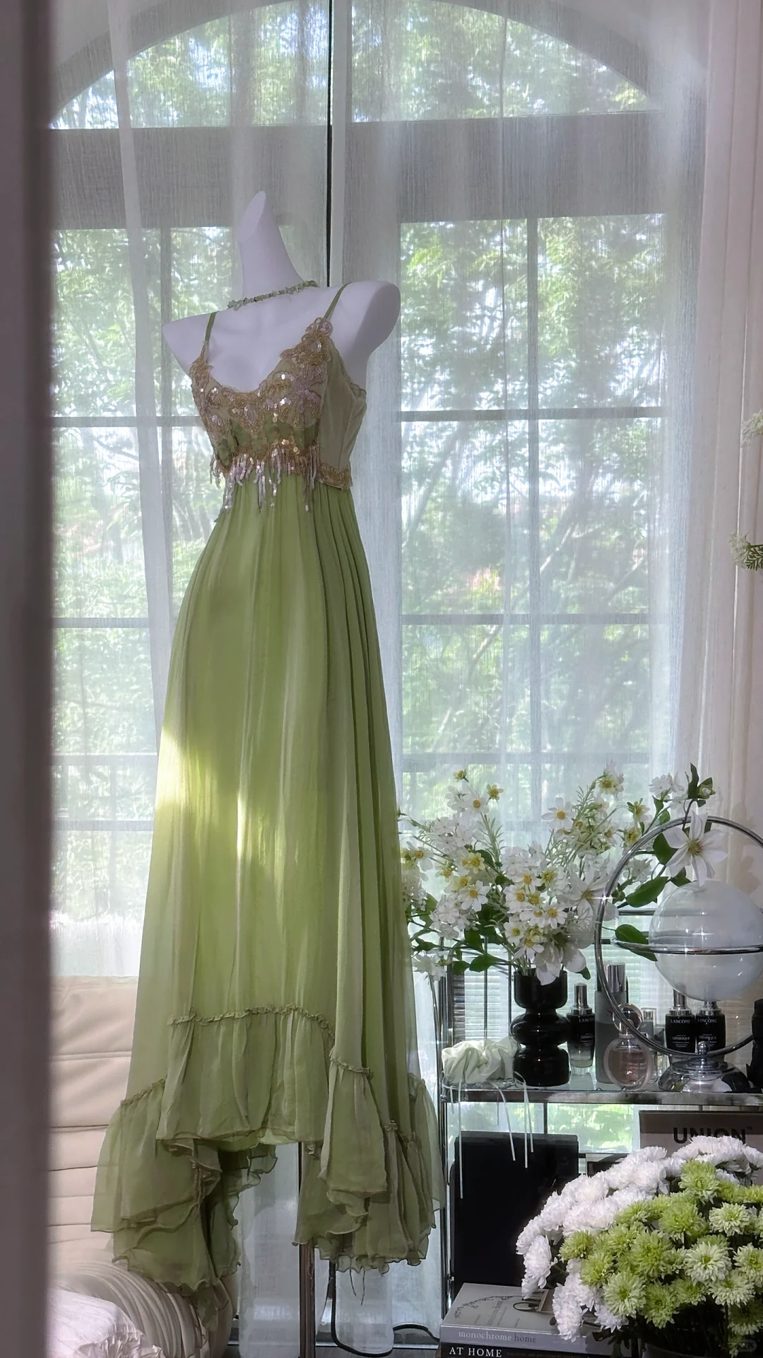 Elegant Spaghetti Straps Green Chiffon Sequin Mermaid Prom Dress Long Birthday Party Dress D1248