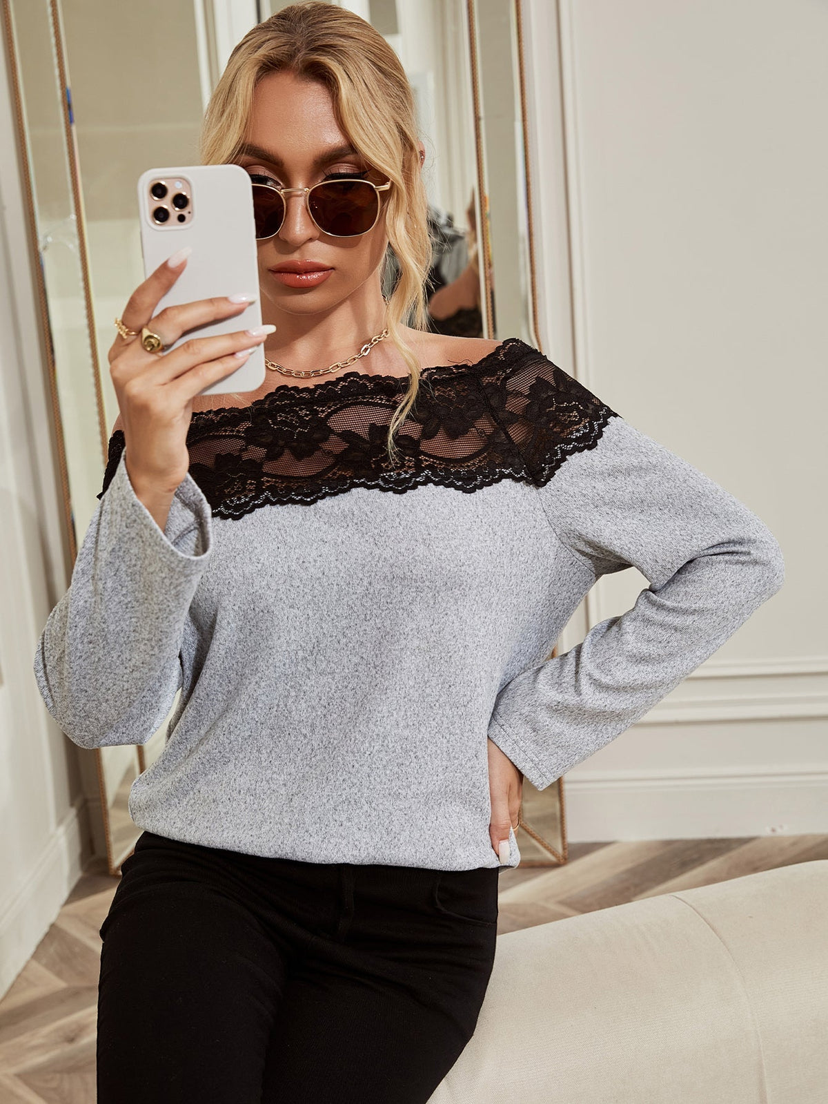 KittenAlarm - Off Shoulder Contrast Lace Tee