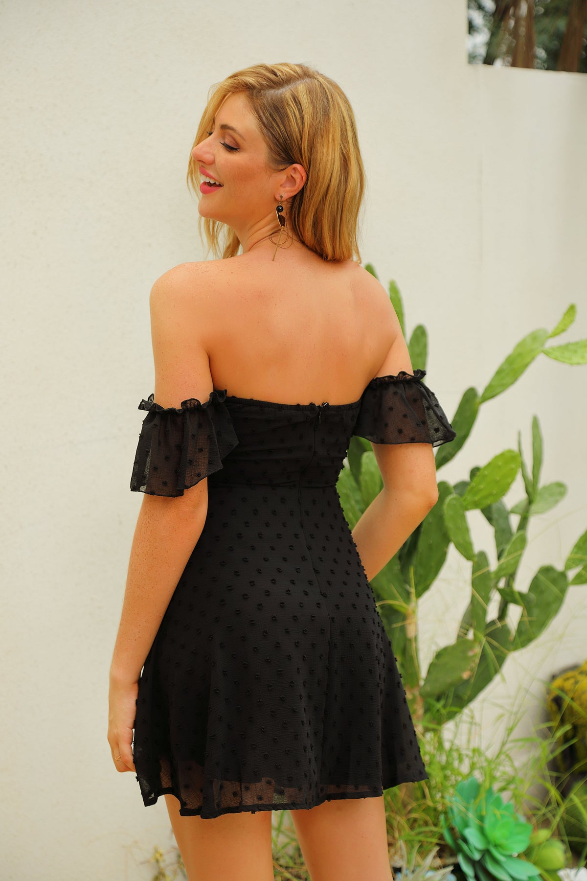 Swiss Dot Off Shoulder Cutout A-Line Mini Dress