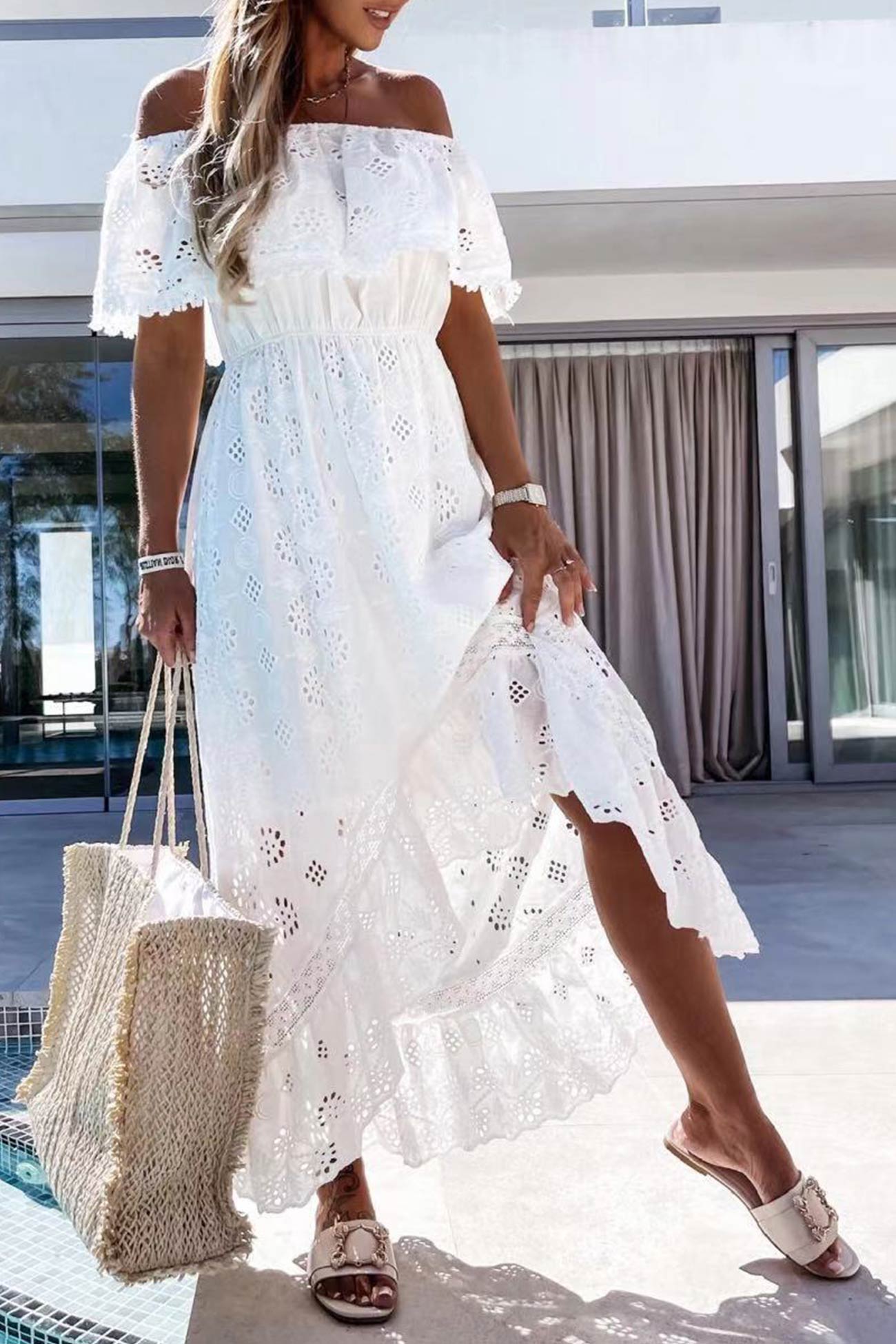 Off Shoulder Lace Hollow Out Beach Dress - Fashionpara
