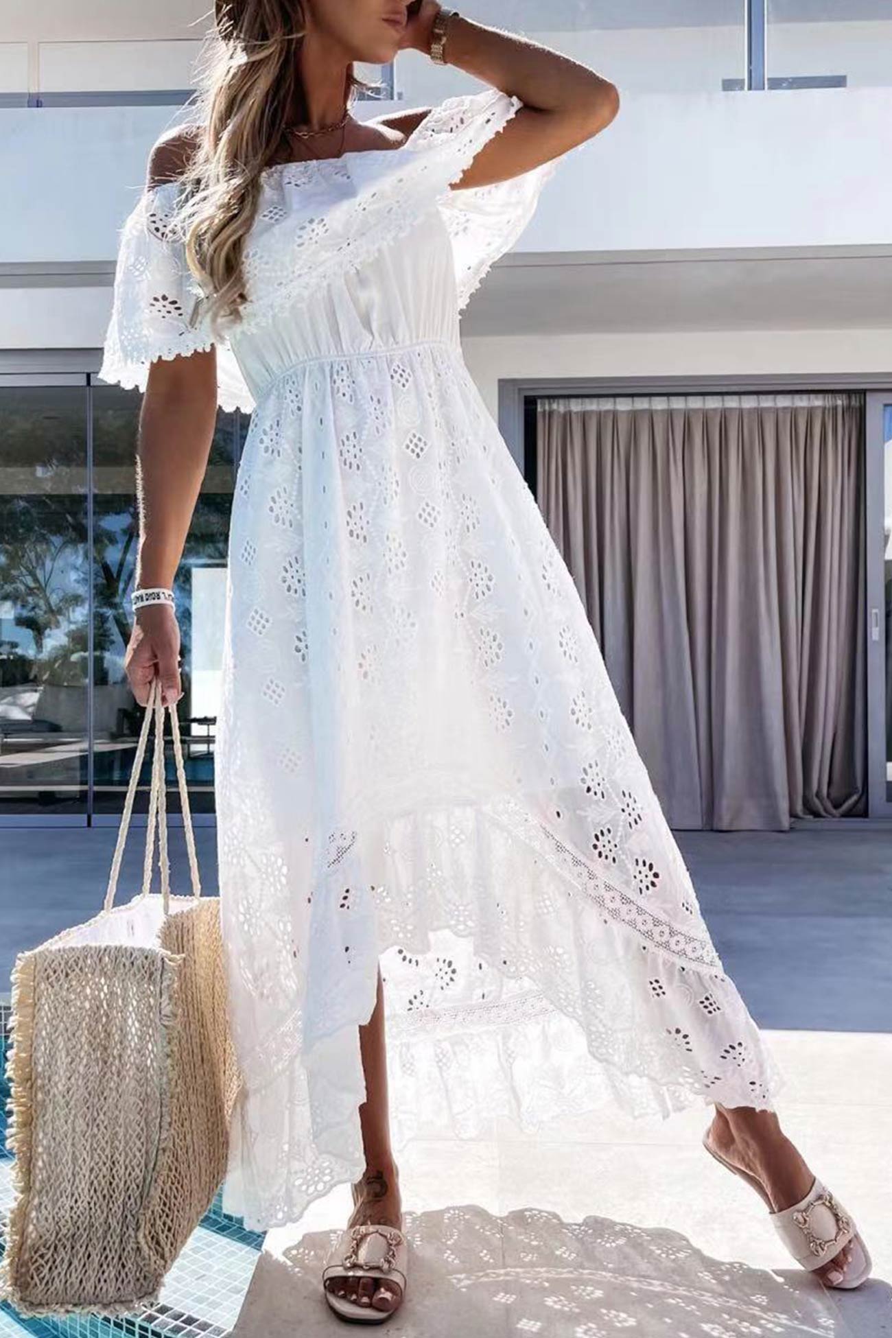 Off Shoulder Lace Hollow Out Beach Dress - Fashionpara